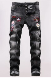 Men's Washed Pattern Patchwork Buttons Distressed Jeans