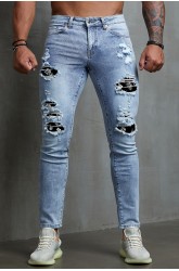 Sky Blue Light Wash Skull Print Patchwork Frayed Slim Fit Men's Jeans
