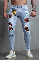 Sky Blue American Flag Floral Skull Print Patchwork Skinny Men's Jeans