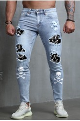 Sky Blue Skull Print Patchwork Distressed Men's Skinny Jeans