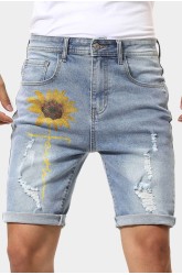Sky Blue Sunflower Faith Print Ripped Bermuda Denim Shorts