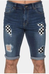 Blue Plaid Pattern Splicing Skinny Distressed Men's Denim Shorts