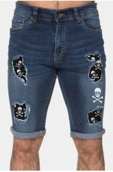 Sky Blue Skull Graphic Patchwork Distressed Skinny Fit Men's Jeans
