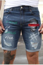Blue Figure Letter Printed Skinny Fit Men's Denim Shorts