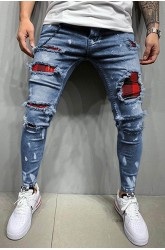 Plaid Patchwork Distressed Slim-fit Men's Jeans