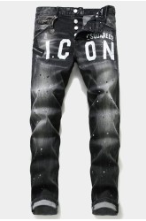 Men's Letter Print Buttons Straight Leg Jeans