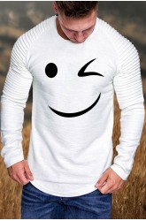 White Funny Smile Print Pleated Crew Neck Men's Long Sleeve Top