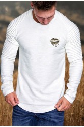 White Lip Print Pleated Slim-fit Men's Long Sleeve T-shirt