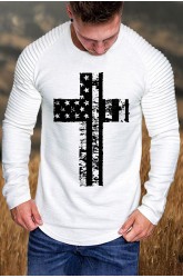 White Men's America Flag Cross Print Pleated Long Sleeve T-shirt