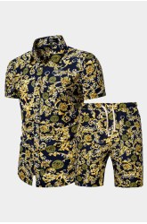 Pattern Print Men's Button Short Sleeve Shirt and Shorts Set