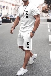White Men's Poker Letter Print Short Sleeve Top and Shorts Suit