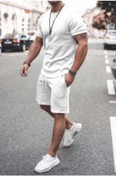 White Solid Short Sleeve Top and Shorts Men's Sports Set